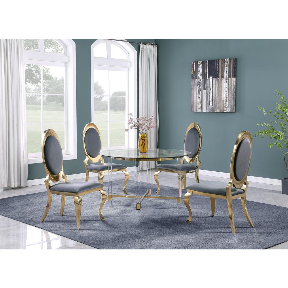 Round 5 Piece Dining Set Gold: Glass Table Acrylic, 4 Dining Chairs Stainless Steel in Dark Gray Velvet. Picture 2