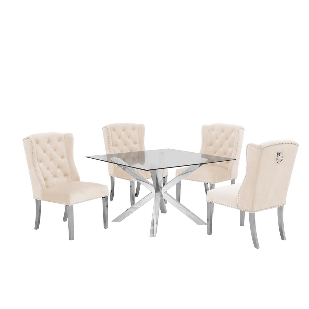 Stainless Steel 5 Piece Dining Set, Beige Velvet Chairs 556. Picture 1