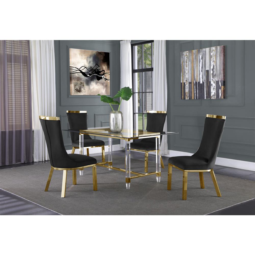 Acrylic Glass 5pc Gold Set Stainless Steel Chairs in Black Velvet. Picture 1