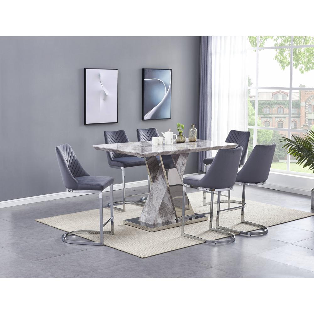 Classic 7 Piece Dining Set: White Faux Marble Counter Height Table, 6 Dark Grey Velvet Side Chairs Chrome. Picture 2