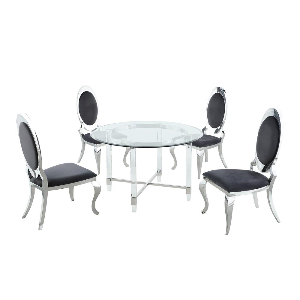 Round 5 Piece Dining Set: Glass Table Acrylic, 4 Dining Chairs Stainless Steel in Black Velvet. Picture 2