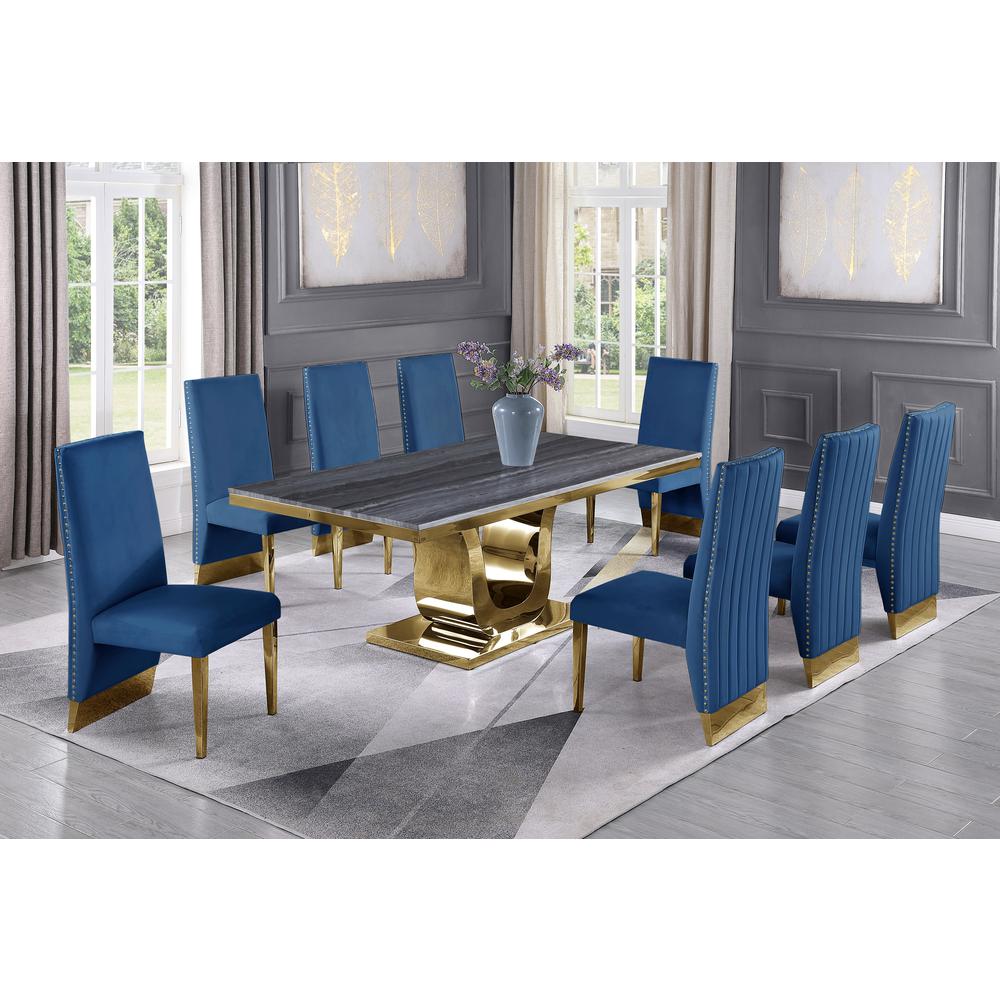 Dark Grey Marble 9pc Set Pleated Chairs in Navy Blue Velvet. Picture 1