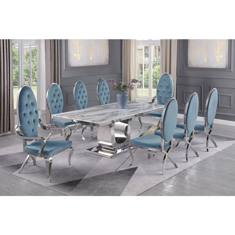 White Marble 9pc Set Tufted Faux Crystal Chairs and Arm Chairs in Teal Velvet. Picture 1