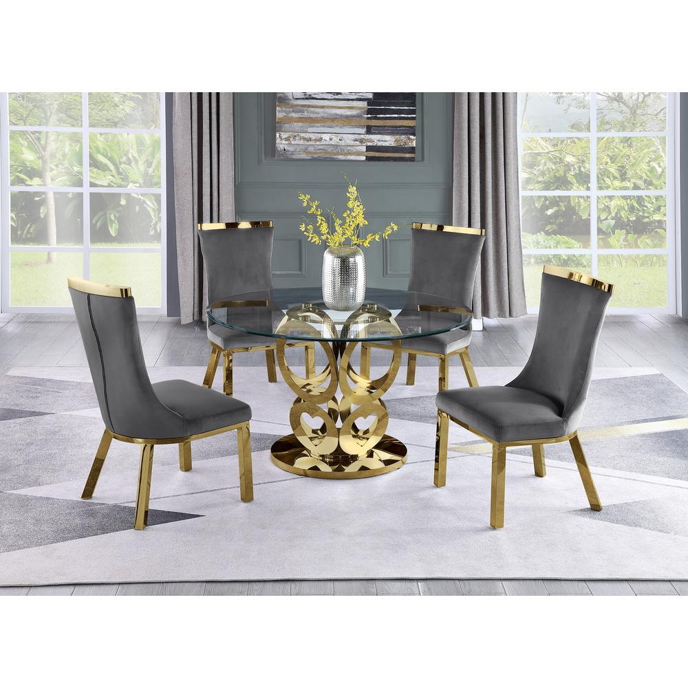 Round Style 5pc Glass Gold Dining Set Standard Height Chairs in Dark Grey Velvet. Picture 1