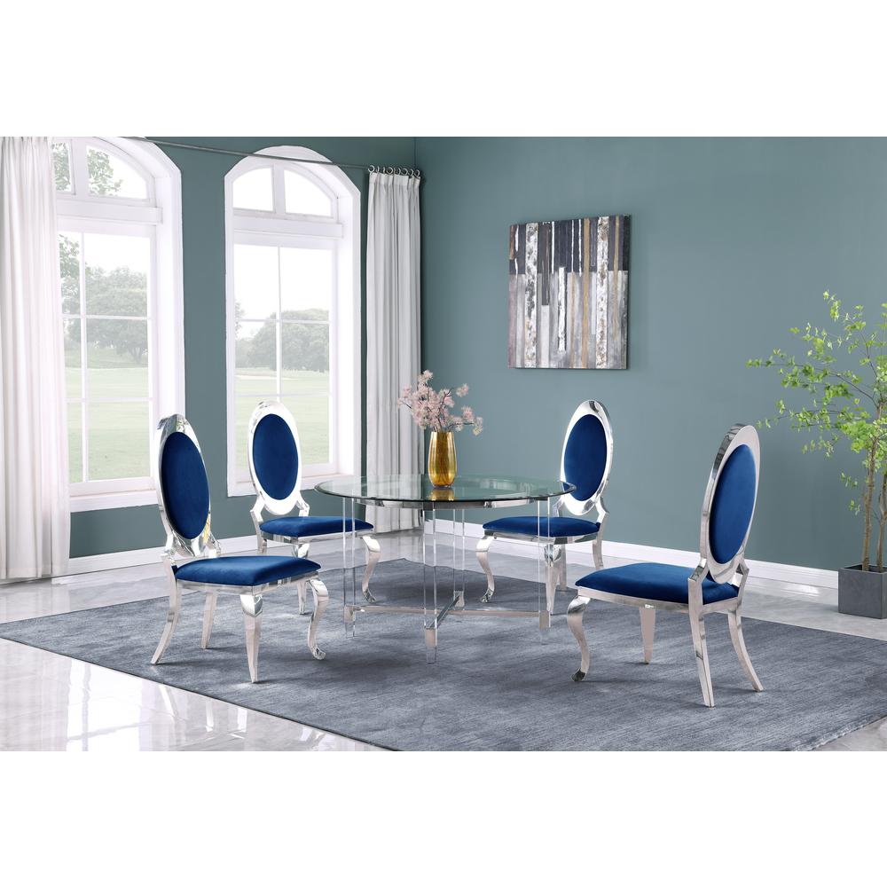 Round 5 Piece Dining Set: Glass Table Acrylic, 4 Dining Chairs Stainless Steel in Navy Blue Velvet. Picture 1