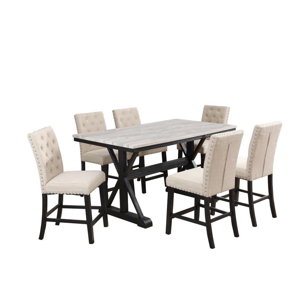 Classic 7 Piece Dining Set: 1 Counter Height Table Faux Marble, 6 Linen Side Chairs Tufted Buttons and Nailhead Trim. Picture 1