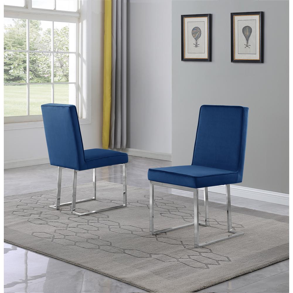 Navy Blue Velvet Upholstered Dining Side Chairs, Chrome Base, Set of 2. Picture 2