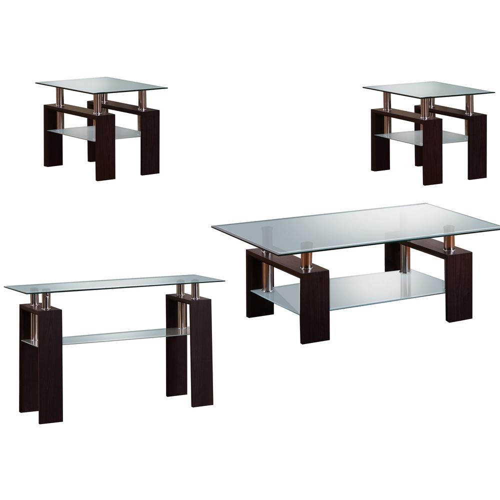 Espresso Coffee Table Set: Coffee Table, 2 End Tables, Console Table w/Glass Top and Shelf. Picture 1