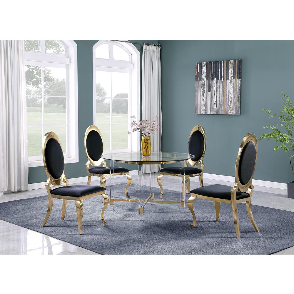 Round 5 Piece Dining Set Gold: Glass Table Acrylic, 4 Dining Chairs Stainless Steel in Black Velvet. Picture 2