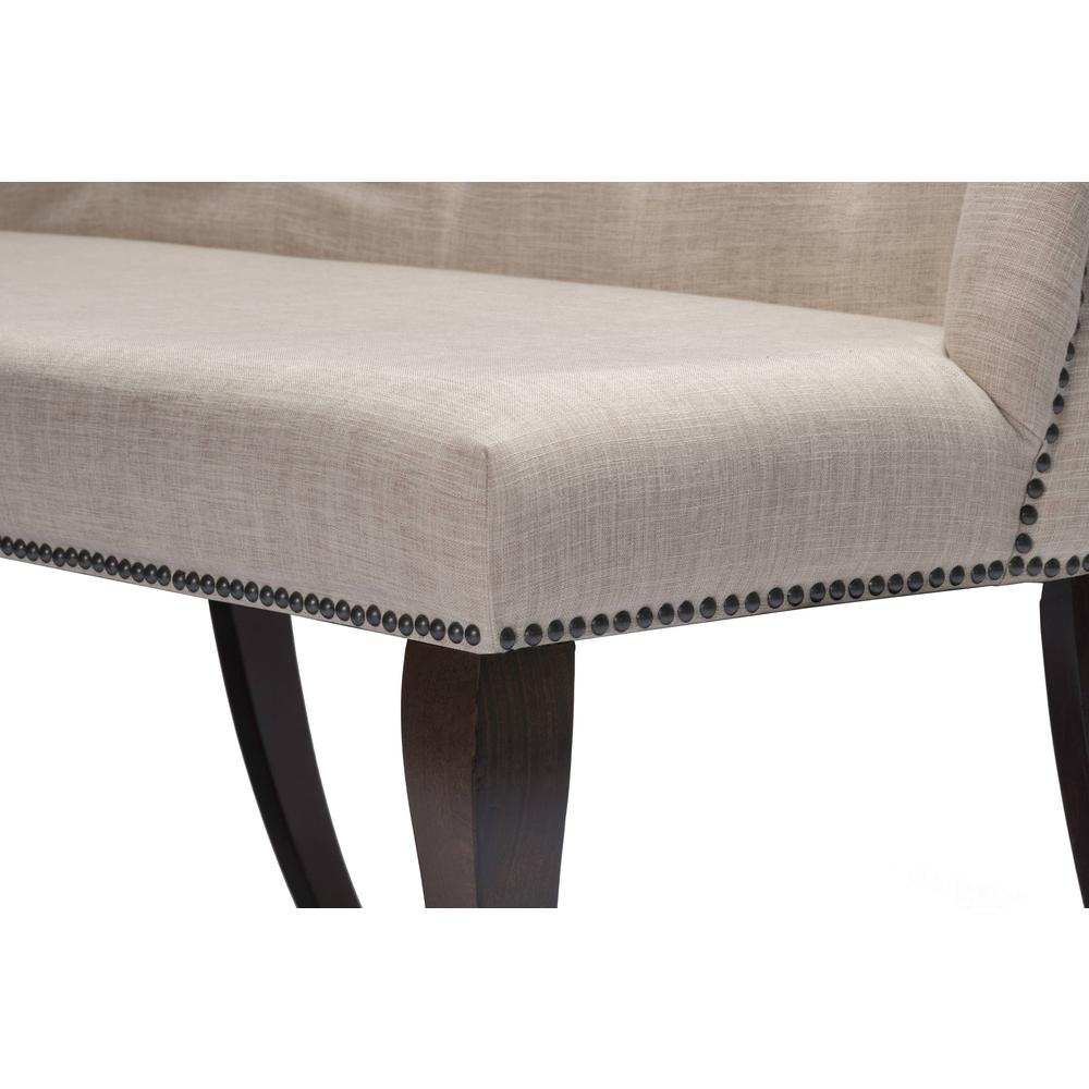 Classic Upholstered Bench in Linen Fabric w/Tufted Style Back & Nailhead Trim, Beige. Picture 4