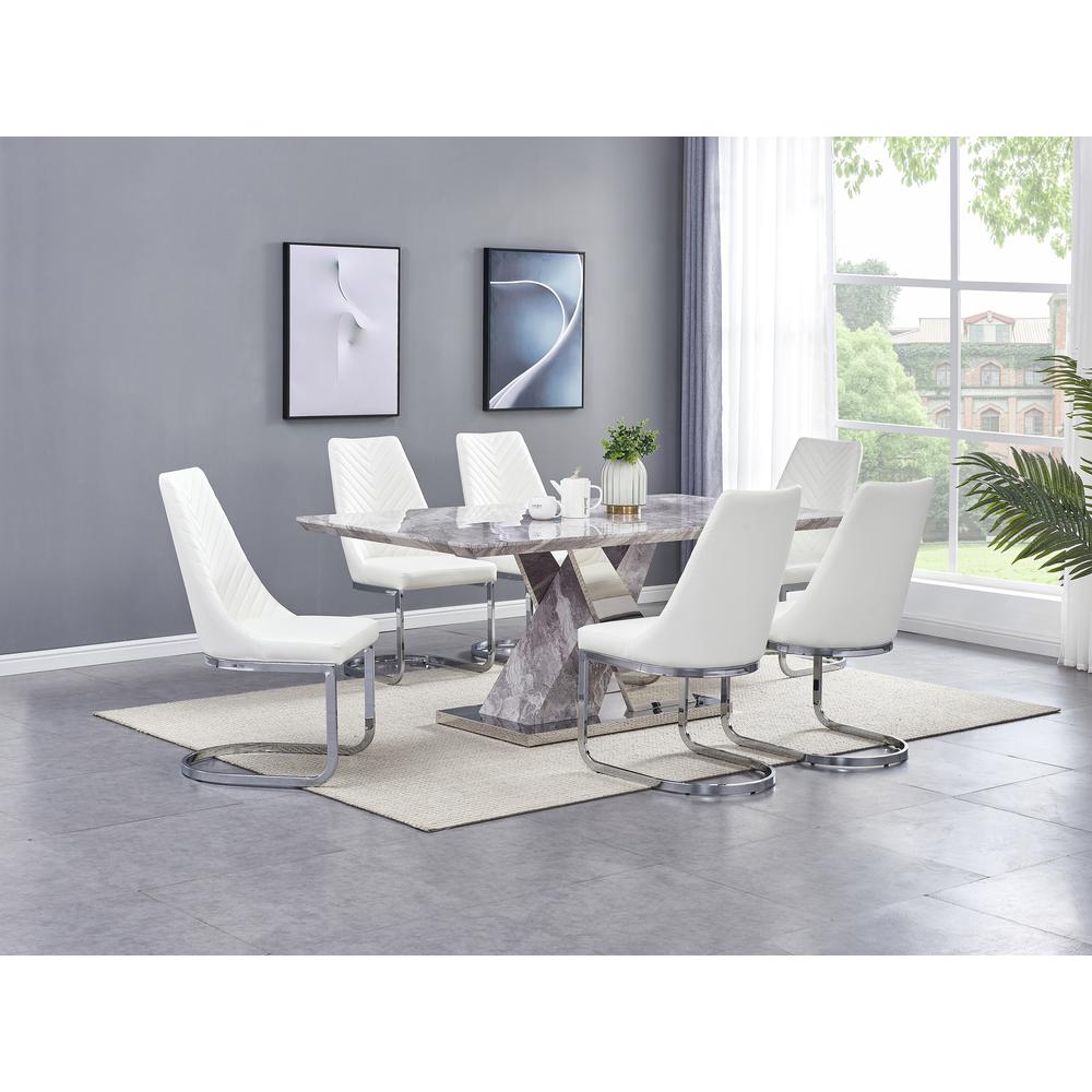 Faux Marble 7pc Set Chrome Chairs in White Faux Leather. Picture 1