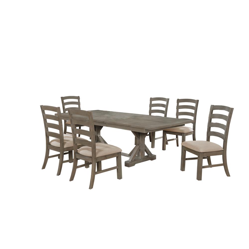 7 Piece Dining Set Extendable w/18"Center Leaf Extension & 6 Ladder-Back Chairs in Beige Linen. Picture 1