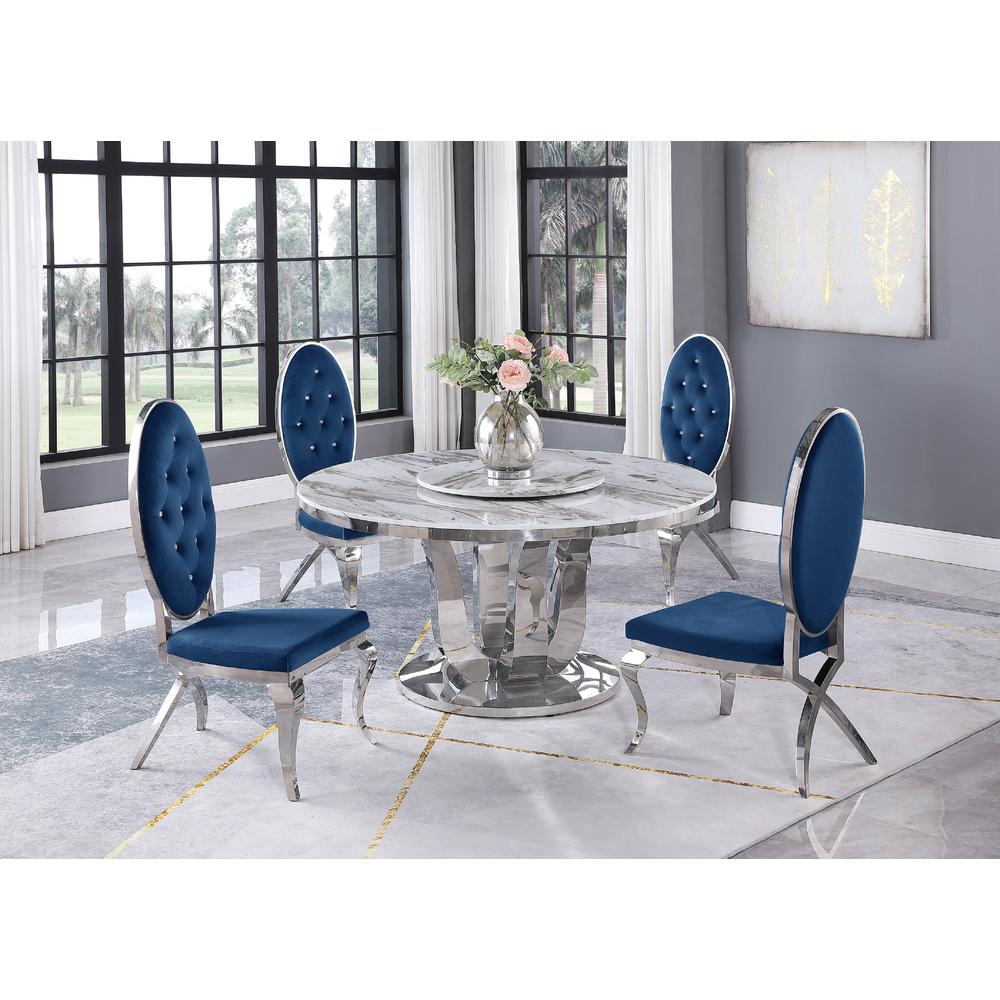 White Marble Lazy-Susan Dining Set Tufted Faux Crystal Chairs in Navy Blue Velvet. Picture 1