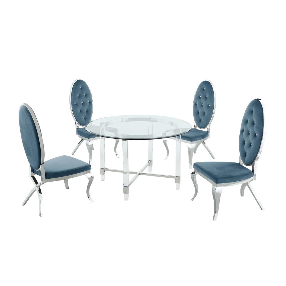 Round 5 Piece Dining Set: Glass Table Acrylic, 4 Dining Chairs Faux Crystal in Teal Blue Velvet. Picture 2
