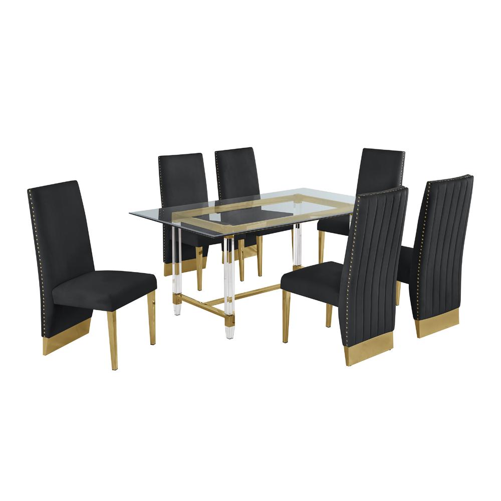 Acrylic Glass 7pc Gold Set Pleated Chairs in Black Velvet. Picture 2