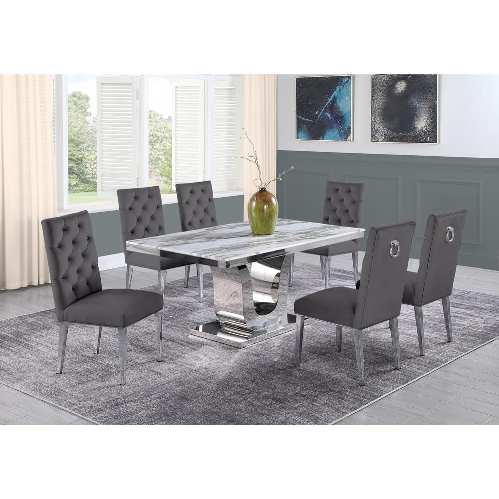 White Marble 7pc Set Ring Chairs in Dark Grey Velvet. Picture 1