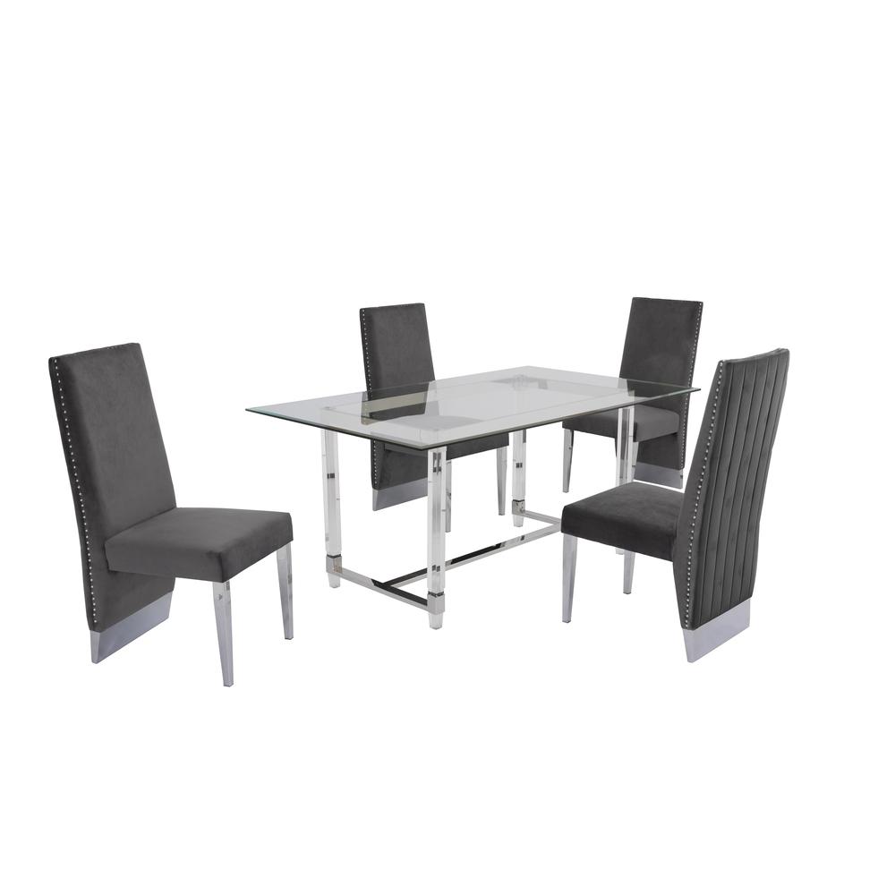Acrylic Glass 5pc Set Pleated Chairs in Dark Grey Velvet. Picture 1