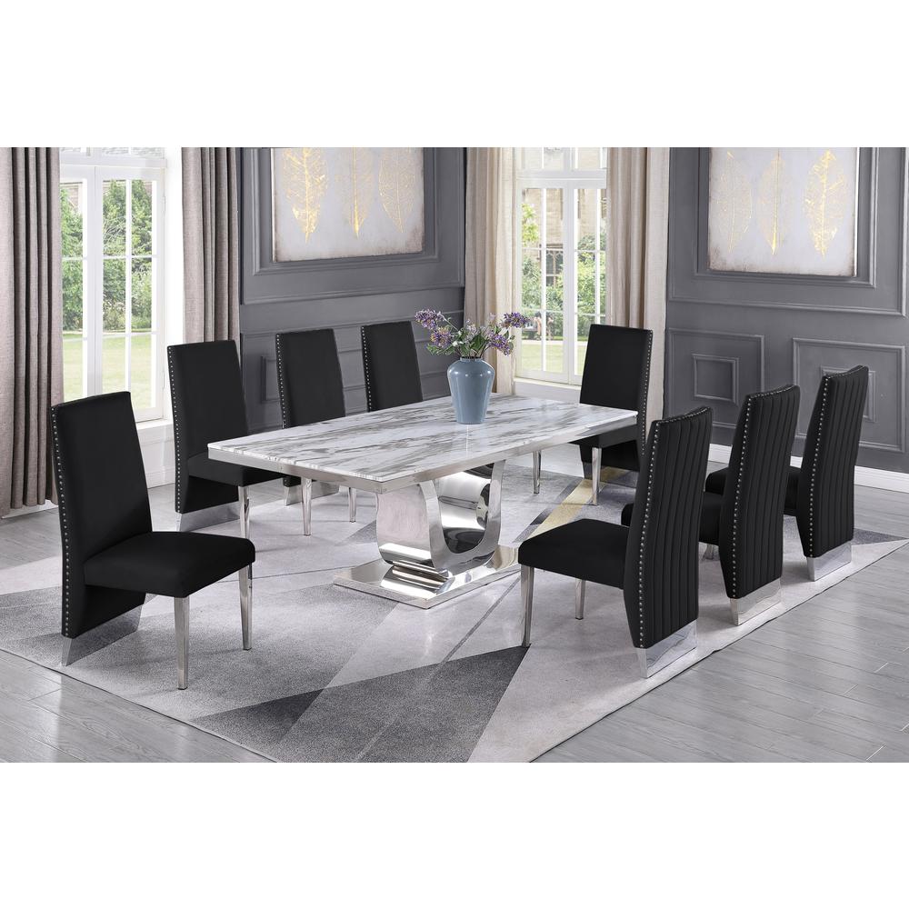 White Marble 9pc Set Pleated Chairs in Black Velvet. The main picture.