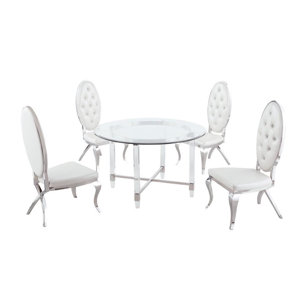 Round 5 Piece Dining Set: Glass Table Acrylic, 4 Dining Chairs Faux Crystal in White Faux Leather. Picture 2