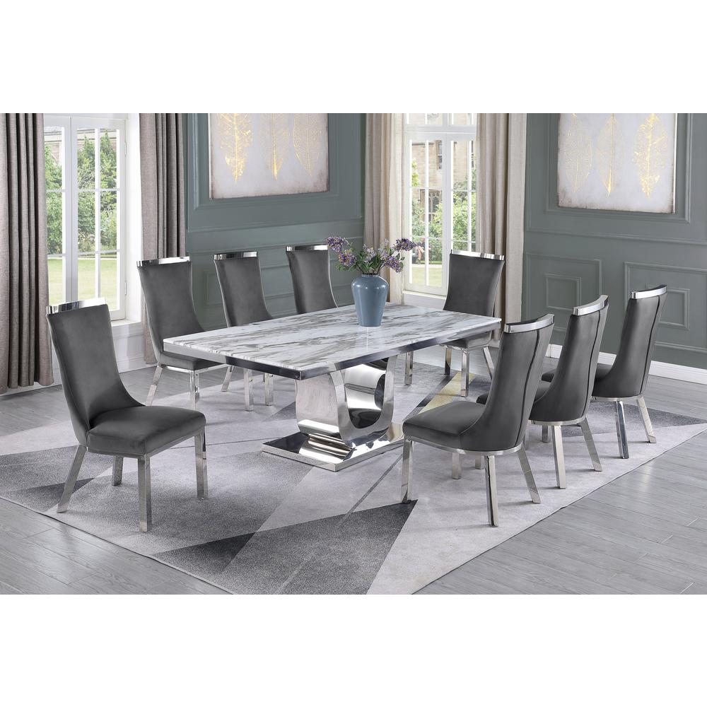9pc dining set- Rectangle Marble table with a U shape silver base and 8 Dark Grey side chairs. Picture 4