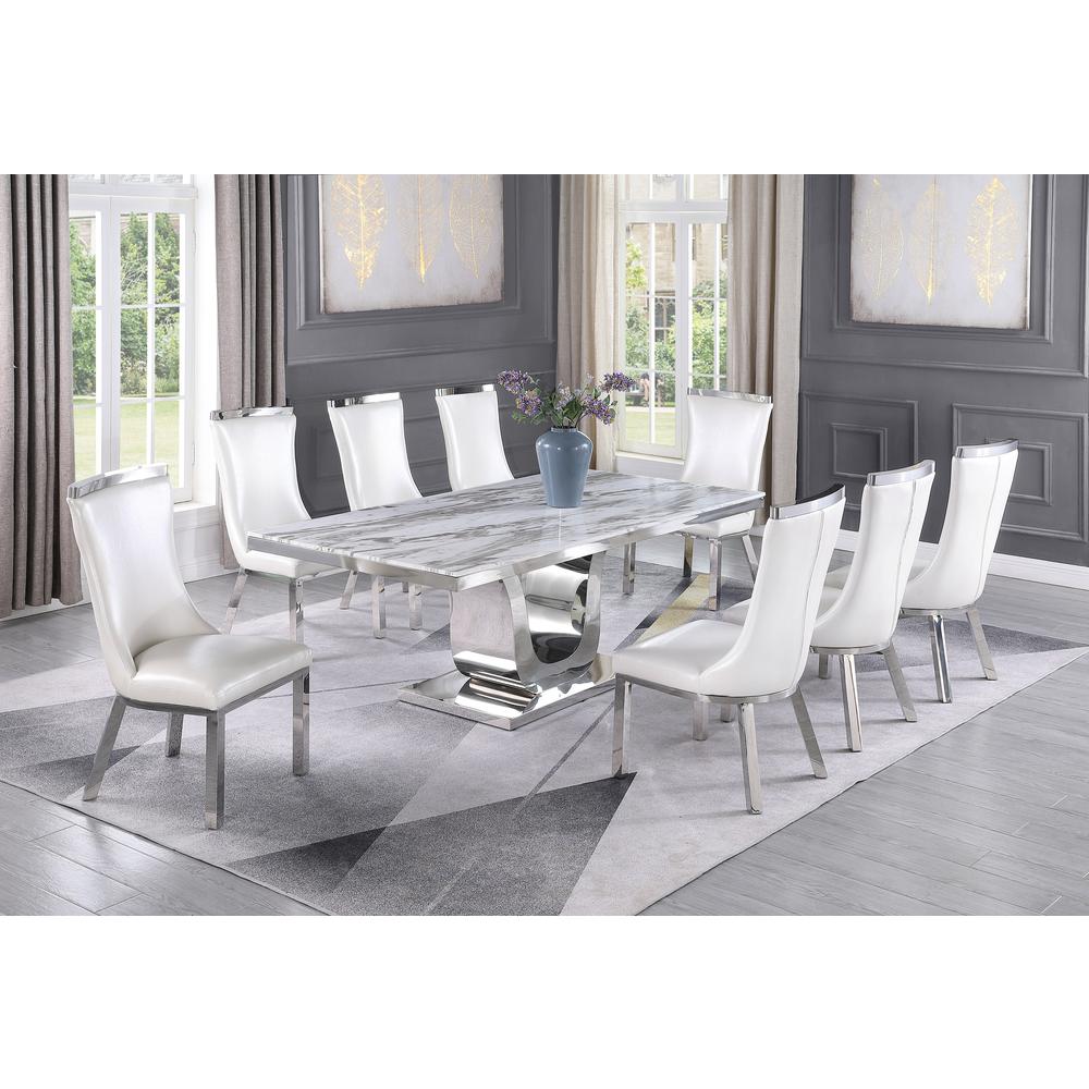 9pc dining set- Rectangle Marble table with a U shape silver base and 8 white faux leather chairs. Picture 4