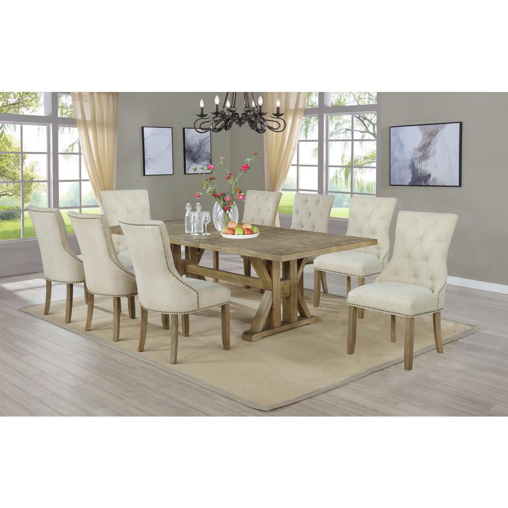 Classic 9pc Dining Set with Extendable Dining Table w/Center 24" Leaf and Uph Side Chairs Tufted & Nailhead Trim, Beige. Picture 1