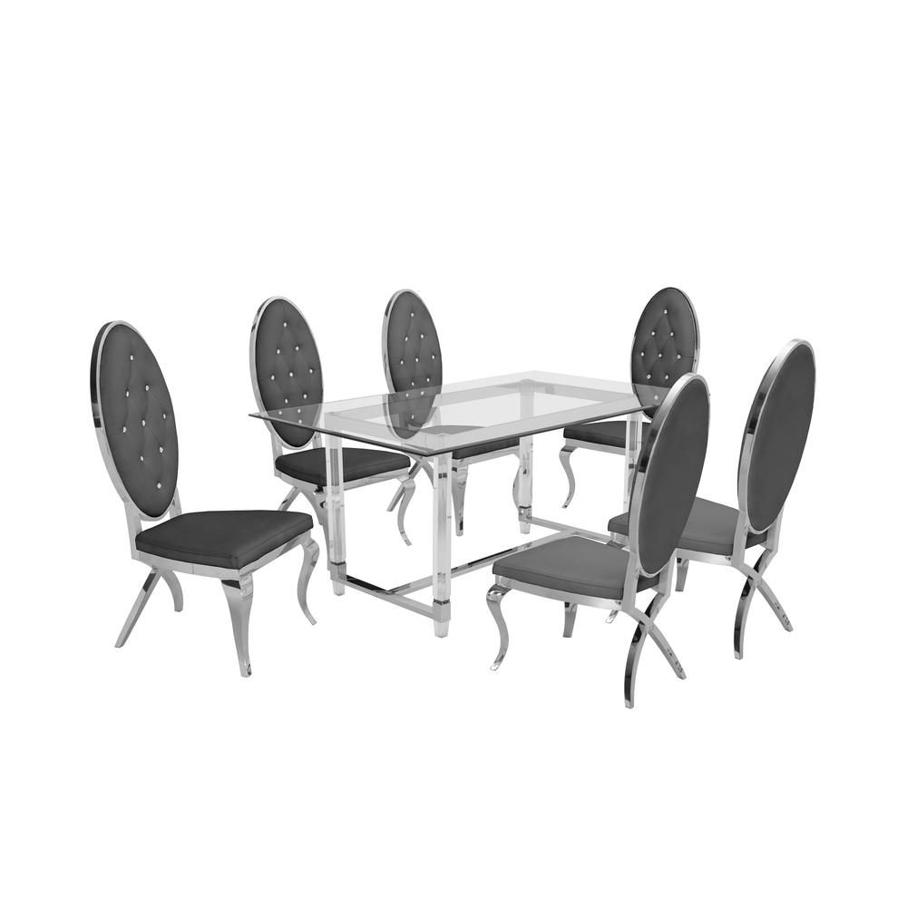 Acrylic Glass 7pc Set Tufted Faux Crystal Chairs in Dark Grey Velvet. Picture 1
