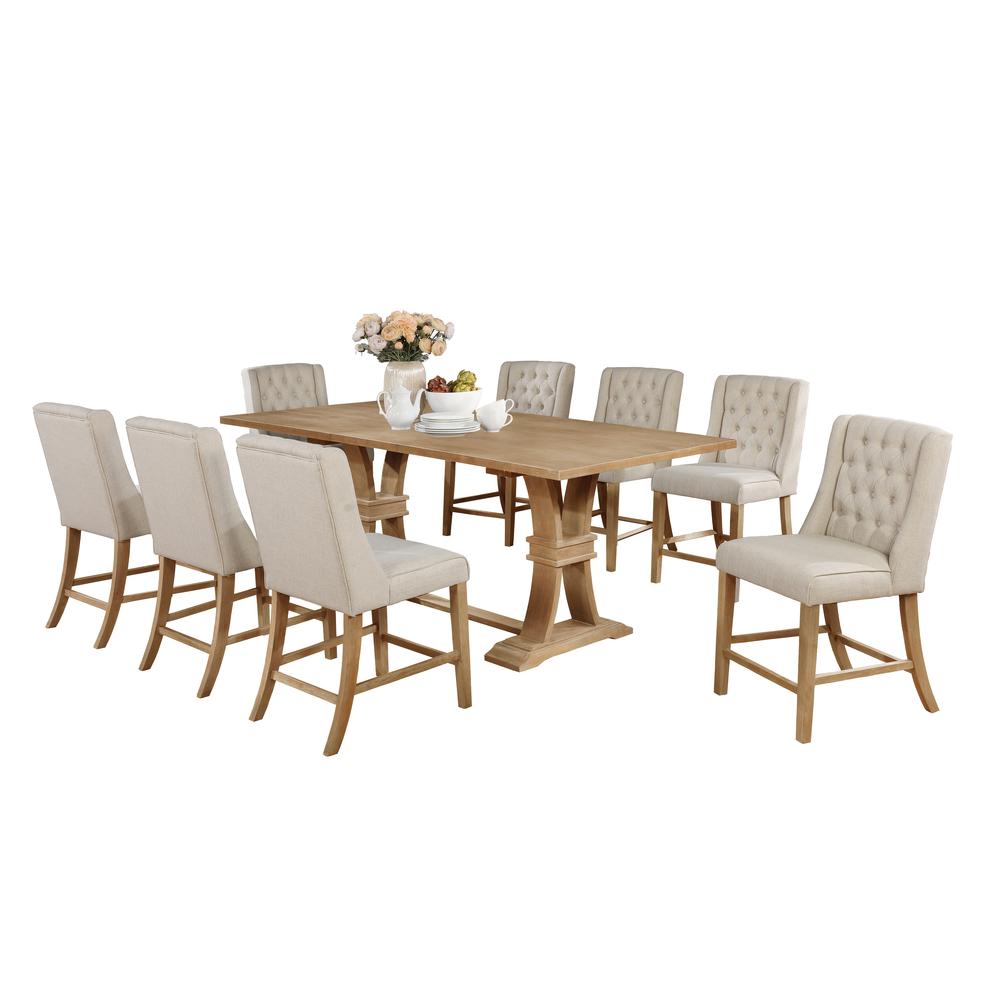 Classic 9pc Dining Set with Extendable Counter Height Dining Table with 18" Leaf in Rustic Wood Finish and Counter Height Upholstered Side Chairs with Tufted Buttons. Beige. Picture 2