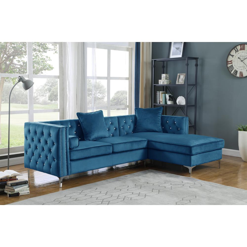 Teal Blue Velvet L-Shaped Tufted Faux Crystal Sofa & Chaise. Picture 1