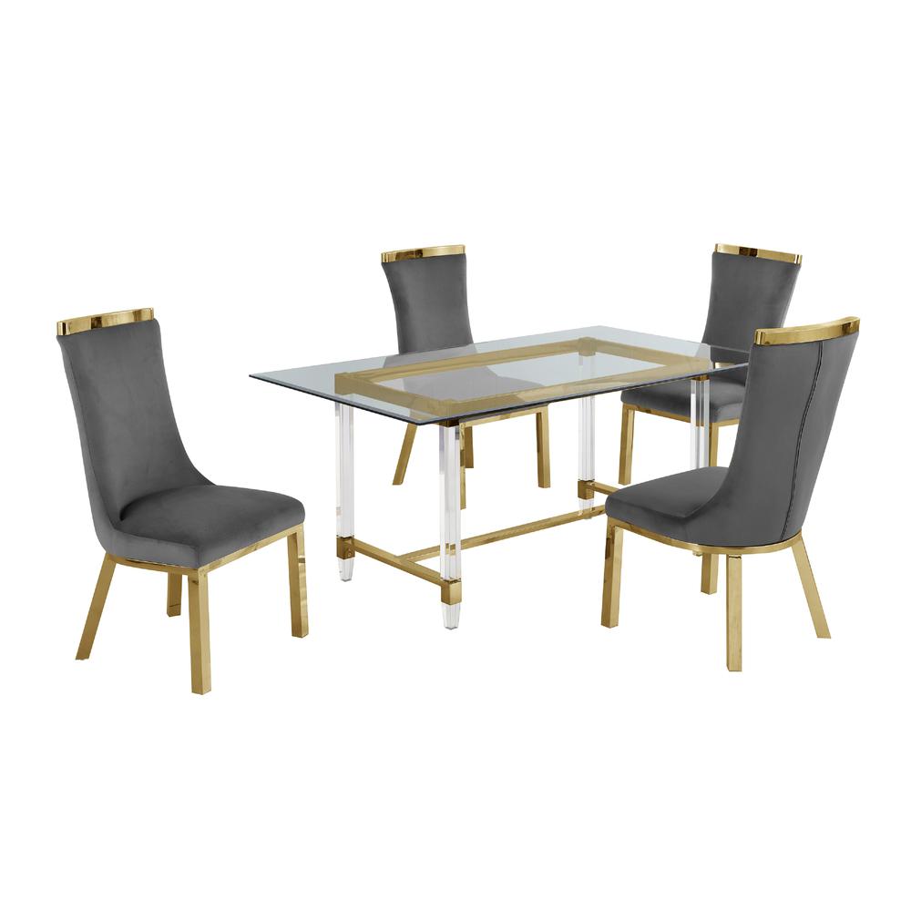 Acrylic Glass 5pc Gold Set Stainless Steel Chairs in Dark Grey Velvet. Picture 2