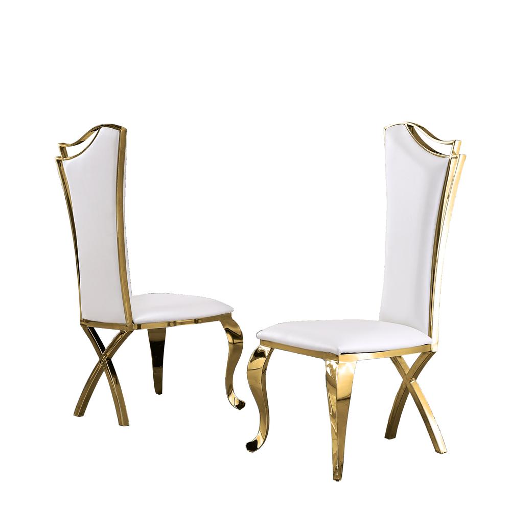 Acrylic Glass 5pc Gold Set Stainless Steel Highback Chairs in White Faux Leather. Picture 3