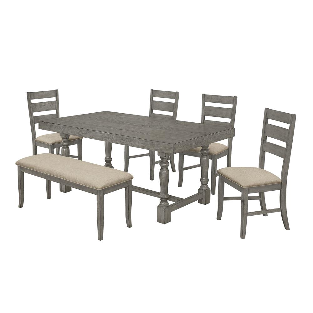 Classic 6pc Dinette Set with Dining Table with Four Posts and Wood and Linen Side Chairs and Bench, Gray. Picture 1