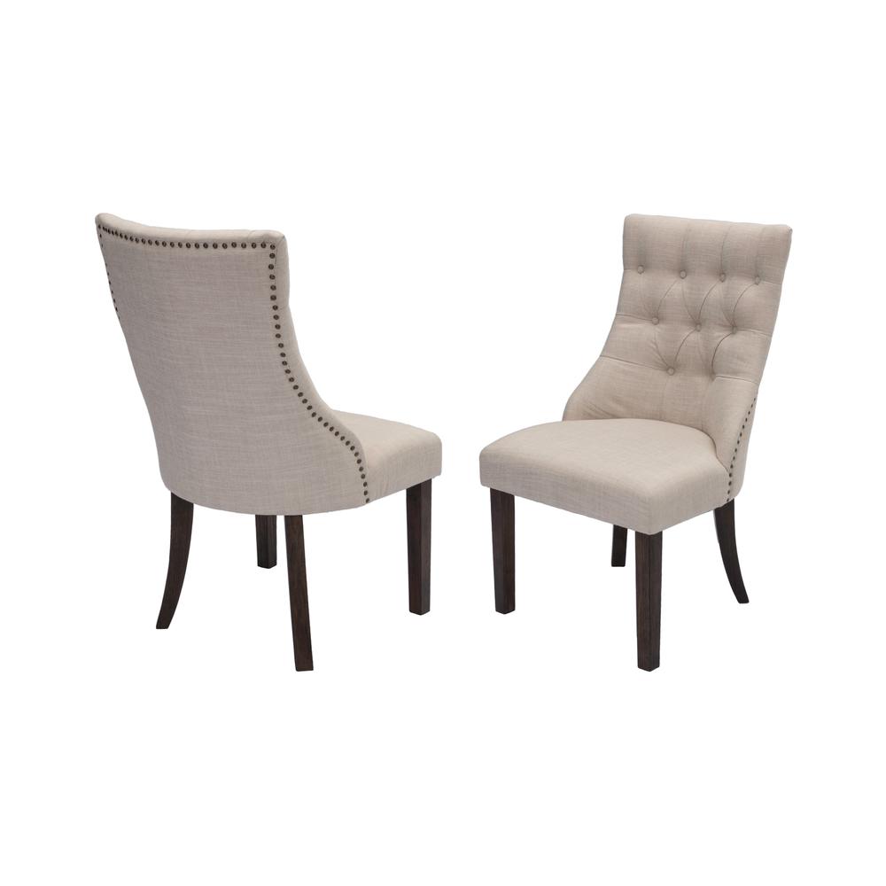 Classic Upholstered Side Chair Tufted in Linen Fabric w/Nailhead Trim **Set of 2**, Beige. Picture 1