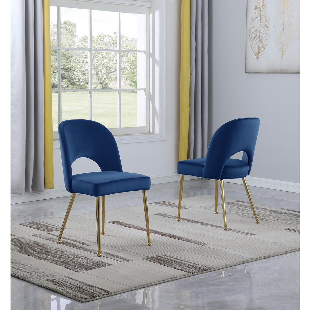 Navy Blue Velvet Dining Side Chair Openback, Chrome Gold, Set of 2. Picture 2