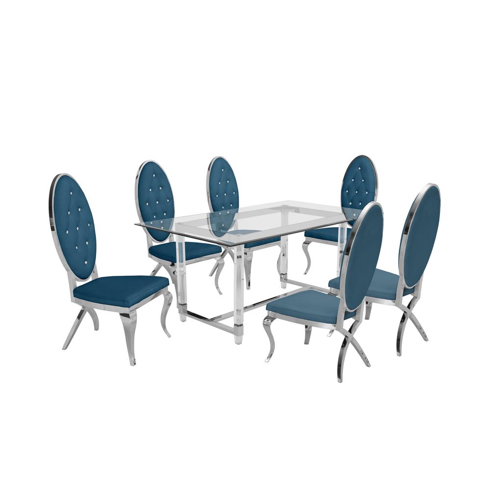 Acrylic Glass 7pc Set Tufted Faux Crystal Chairs in Teal Velvet. Picture 1