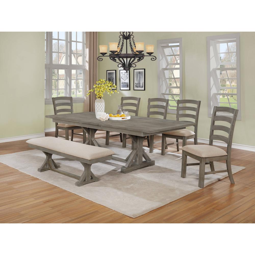 Classic 7pc Dining Set with Extendable Dining table with 18" Leaf, Wood and Linen Side Chairs, Upholstered Bench. Picture 1