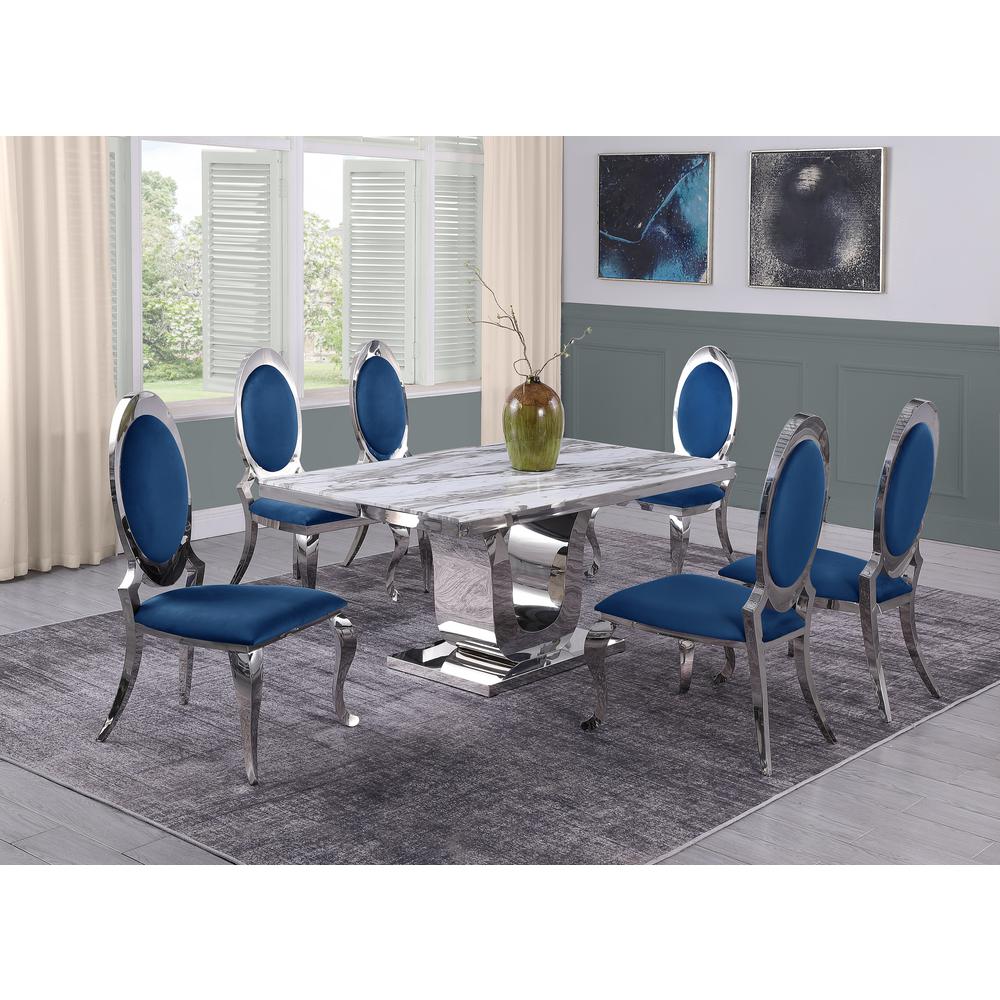 White Marble 7pc Set Stainless Steel Chairs in Navy Blue Velvet. Picture 1