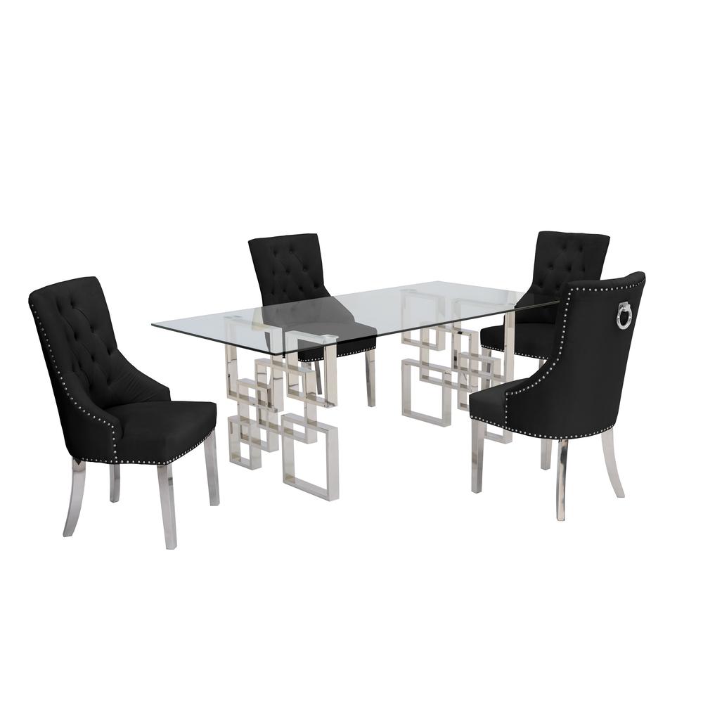 Stainless Steel 5 Piece Dining Set, Tufted Velvet w/ Ring Handle Chairs 752. Picture 3