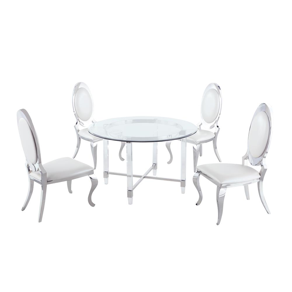 Round 5 Piece Dining Set: Glass Table Acrylic, 4 Dining Chairs Stainless Steel in White Faux Leather. Picture 2
