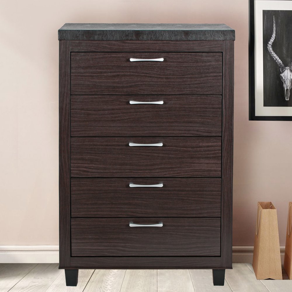 Better Home Products Elegant 5 Drawer Chest of Drawers for Bedroom in Tobacco. Picture 5