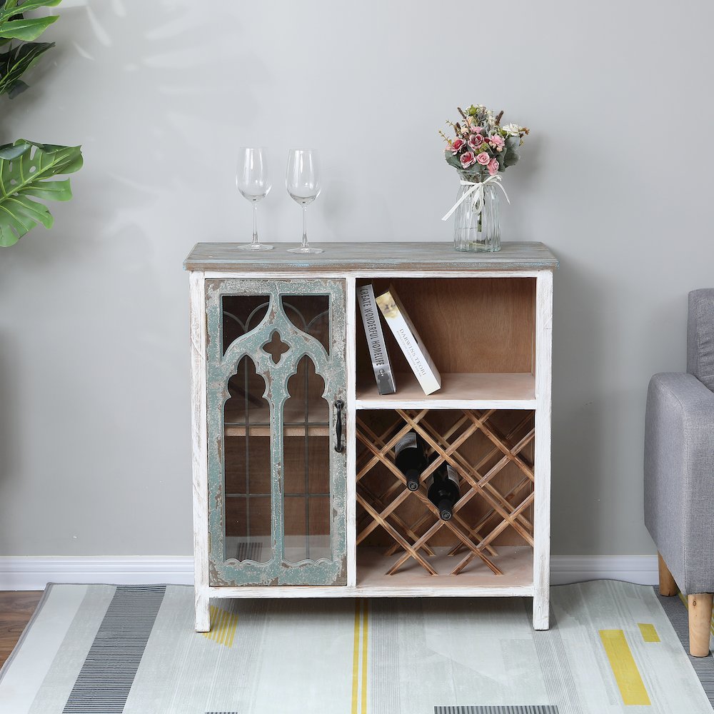 Distressed White and Gray Wood 1-Door Storage Wine Cabinet. Picture 3