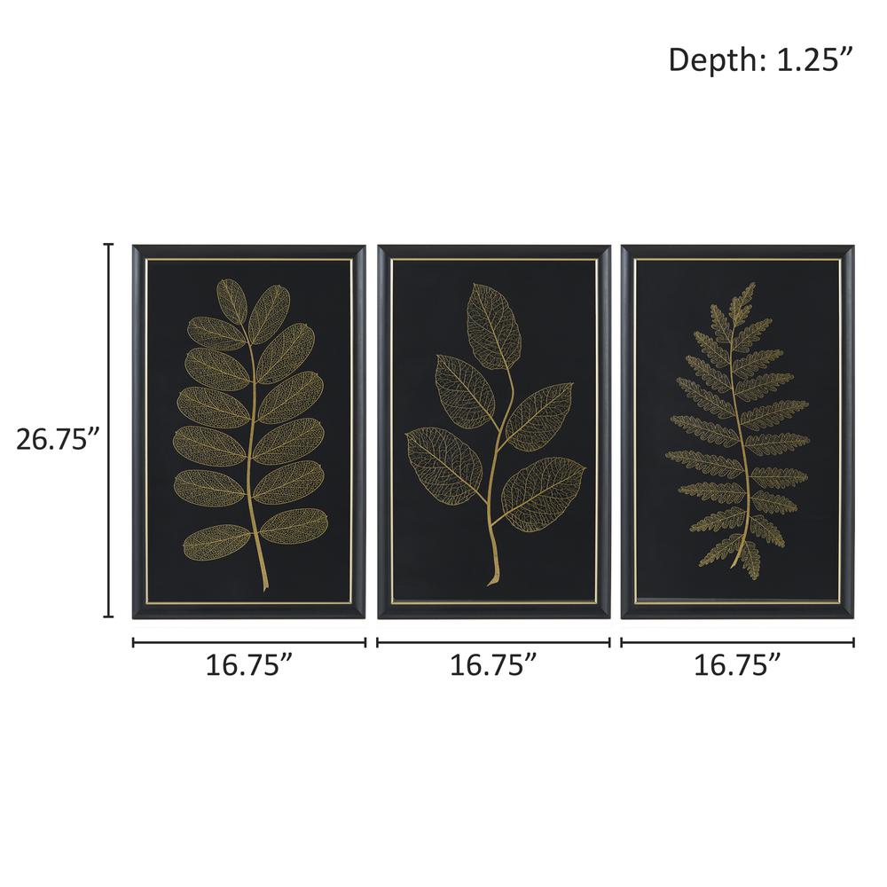 Gold Metallic Leaf Panel Framed Graphic Wall Decor 3-Piece Set. Picture 1