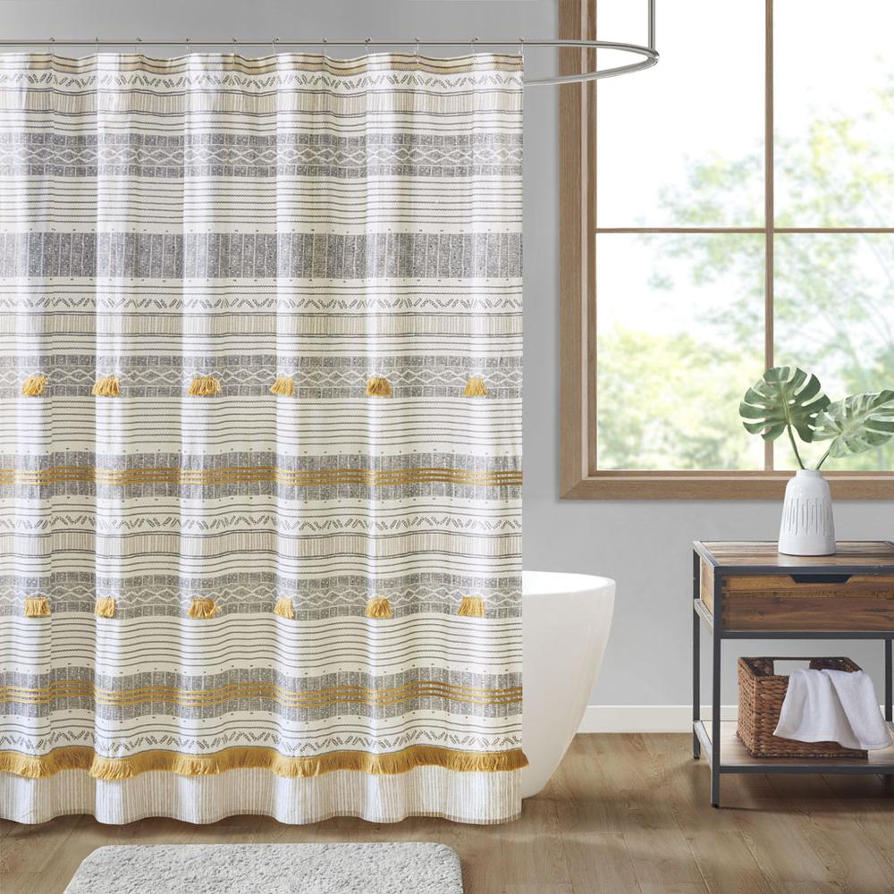 Cotton Stripe Printed Shower Curtain with Tassel. Picture 4