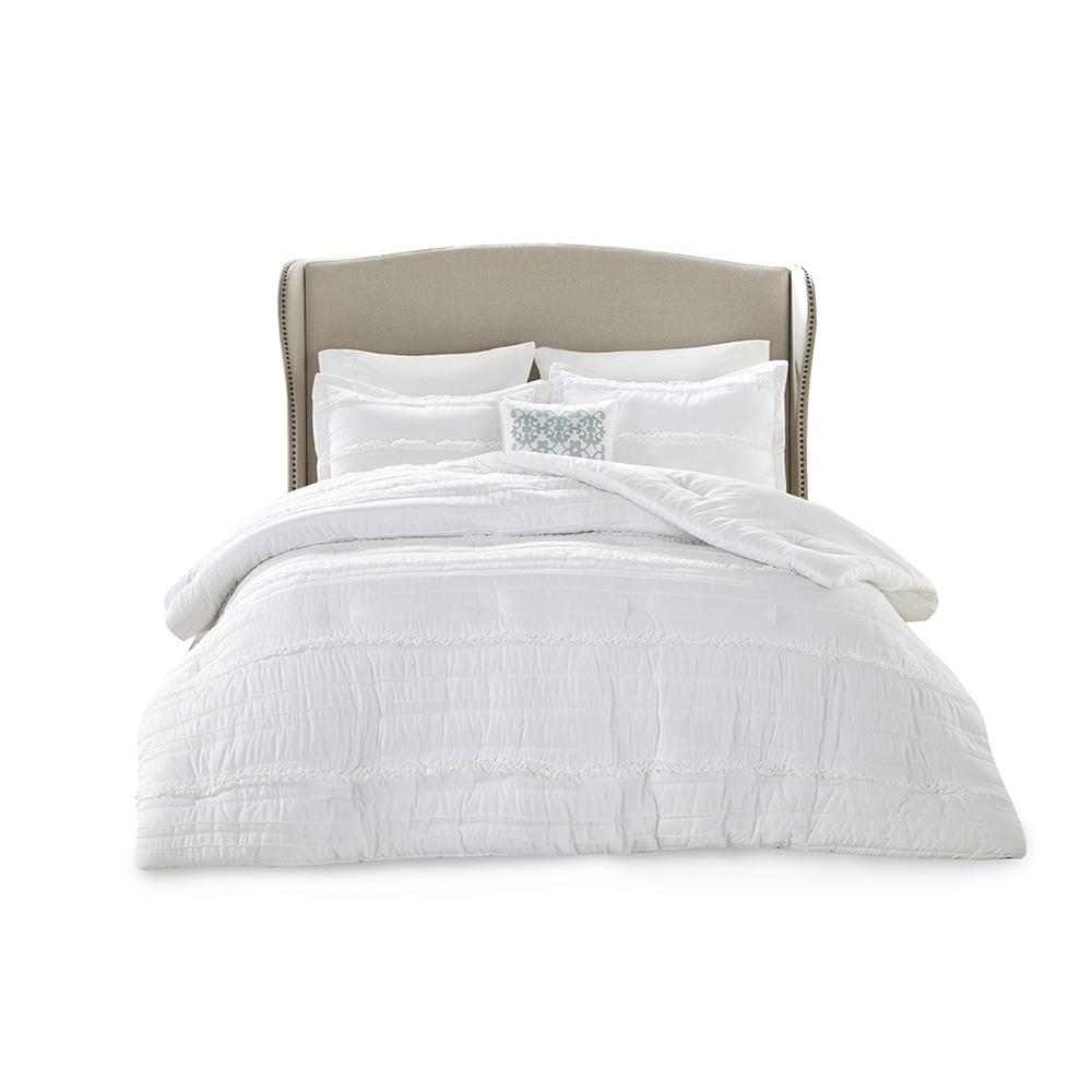 White Ruffle Comforter Set with Embroidered Decorative Pillow, Belen Kox. Picture 1