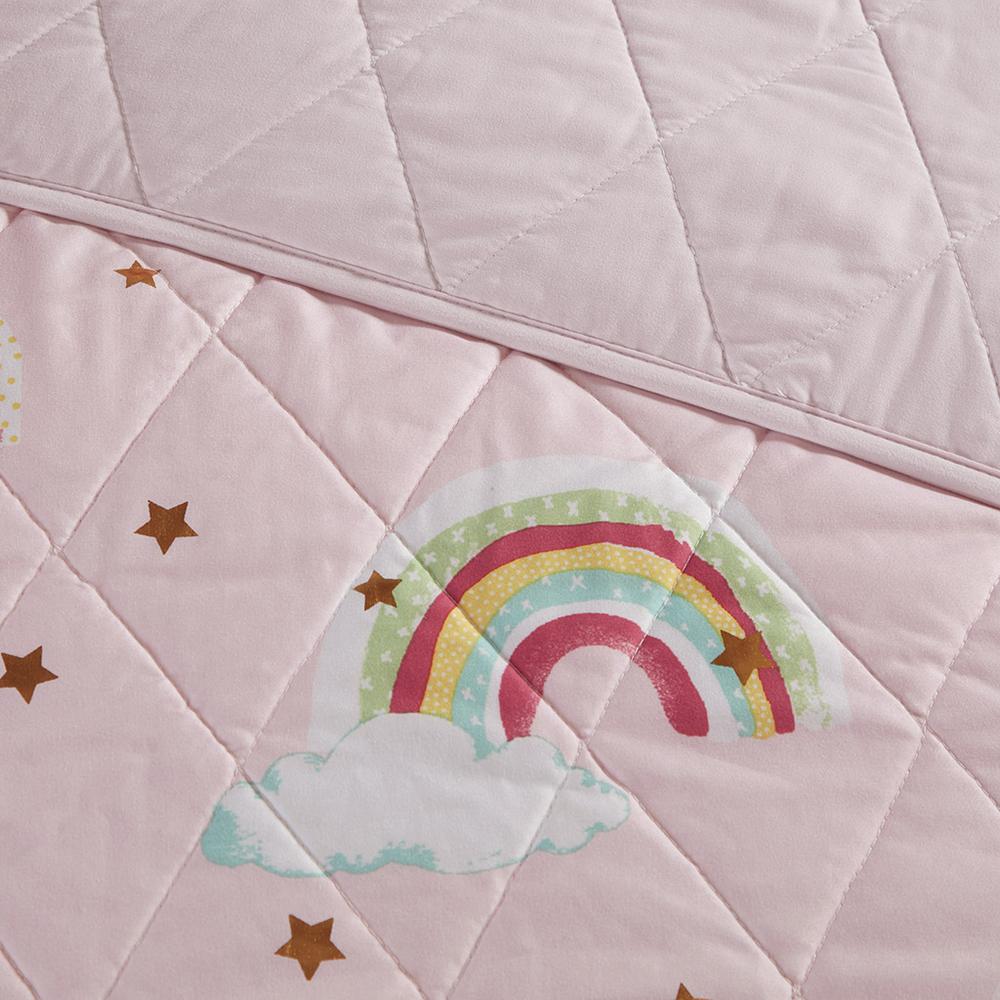 Rainbow with Metallic Printed Stars Reversible Quilt Set with Throw Pillow. Picture 2
