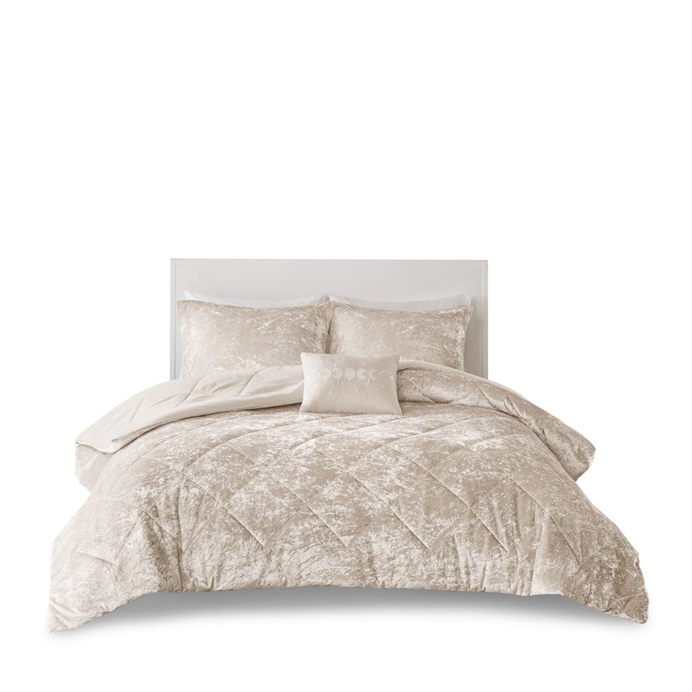 Felicia Velvet Comforter Set with Throw Pillow in Champagne Color. Picture 1