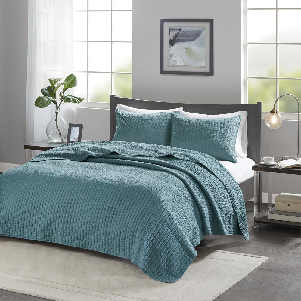 100% Polyester Solid Brushed Coverlet Set Teal. Picture 2
