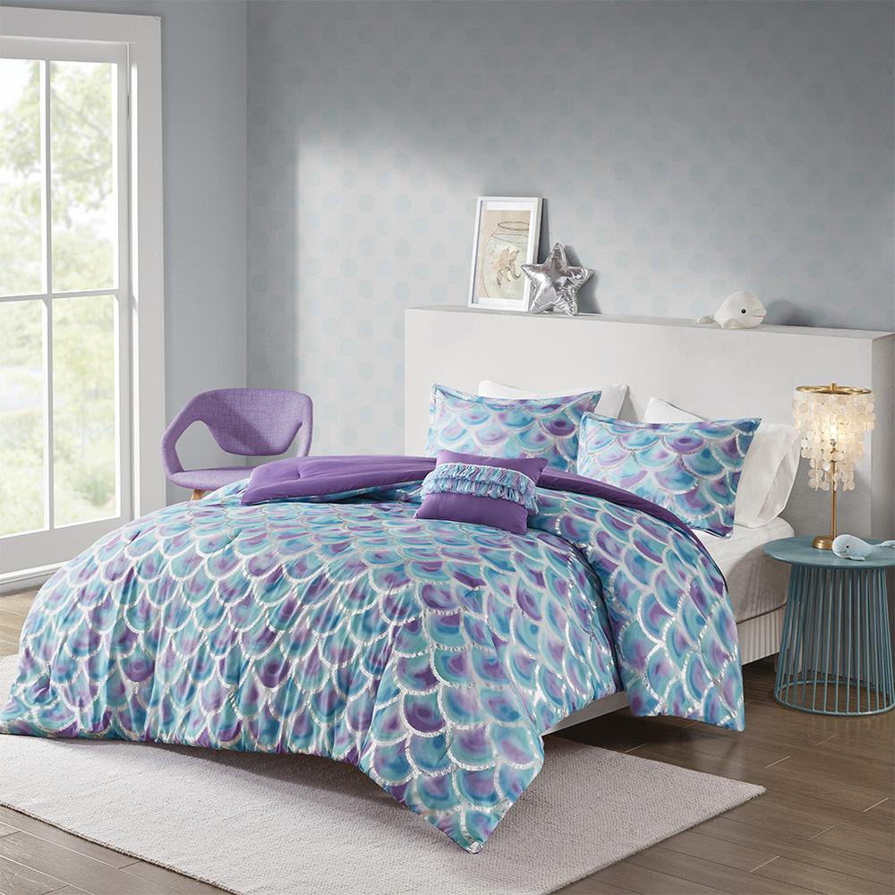 100% Polyester Metallic Printed Comforter Set- Teal/Purple. Picture 1
