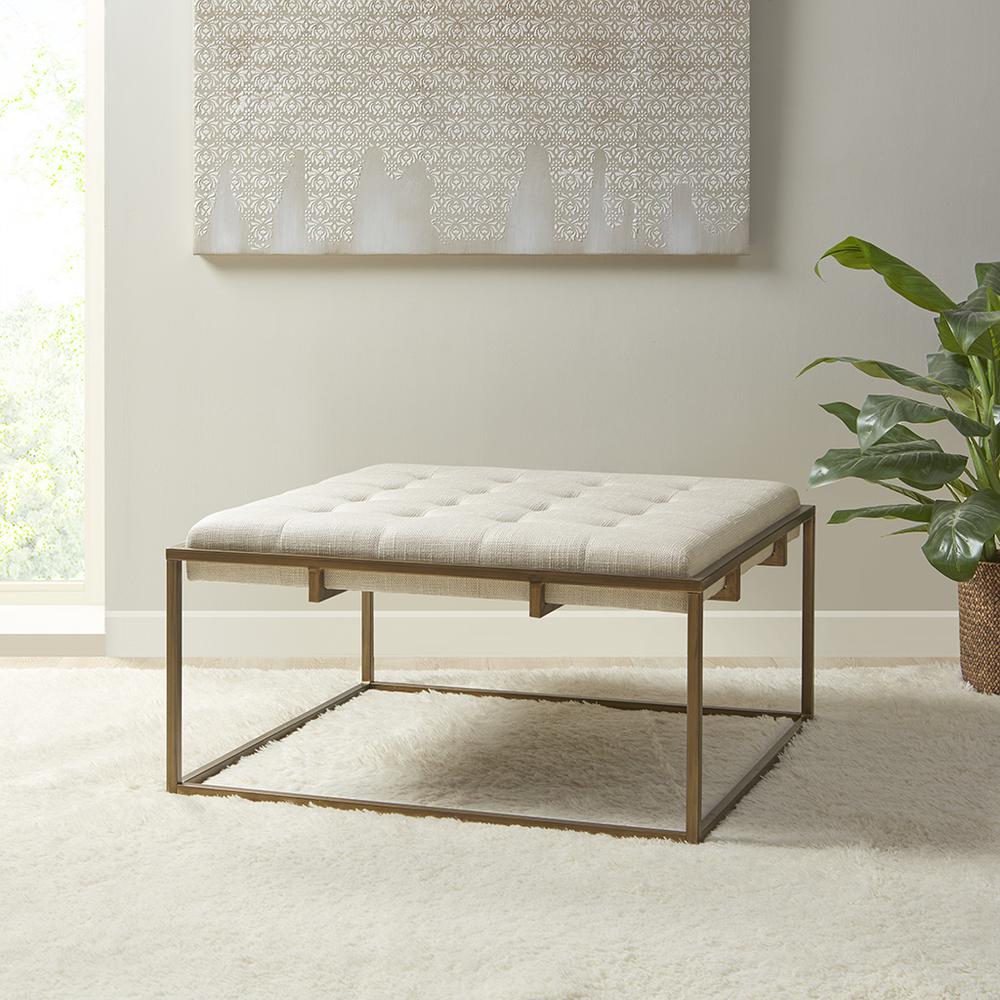 Square Shape Button-tufted Upholstered Metal Base Ottoman/Coffee Table. Picture 4