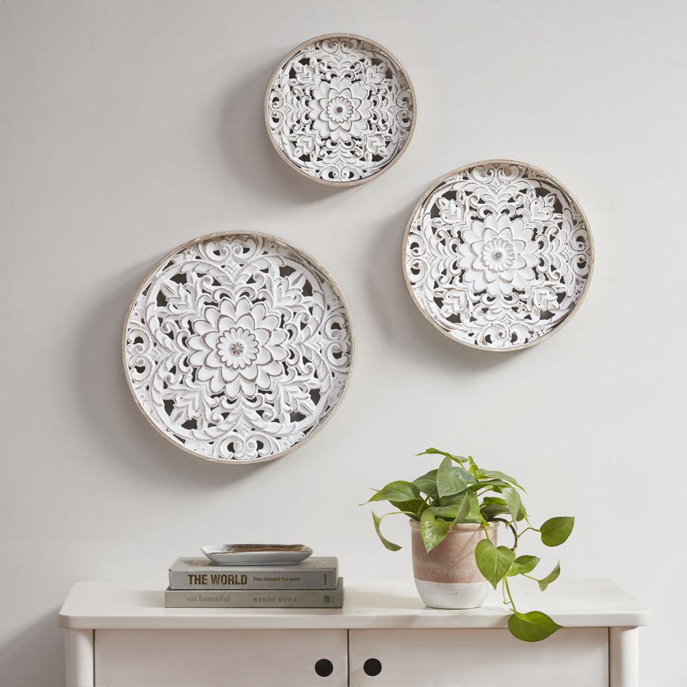 Distressed White Floral 3-piece Carved Wood Wall Decor Set. Picture 3